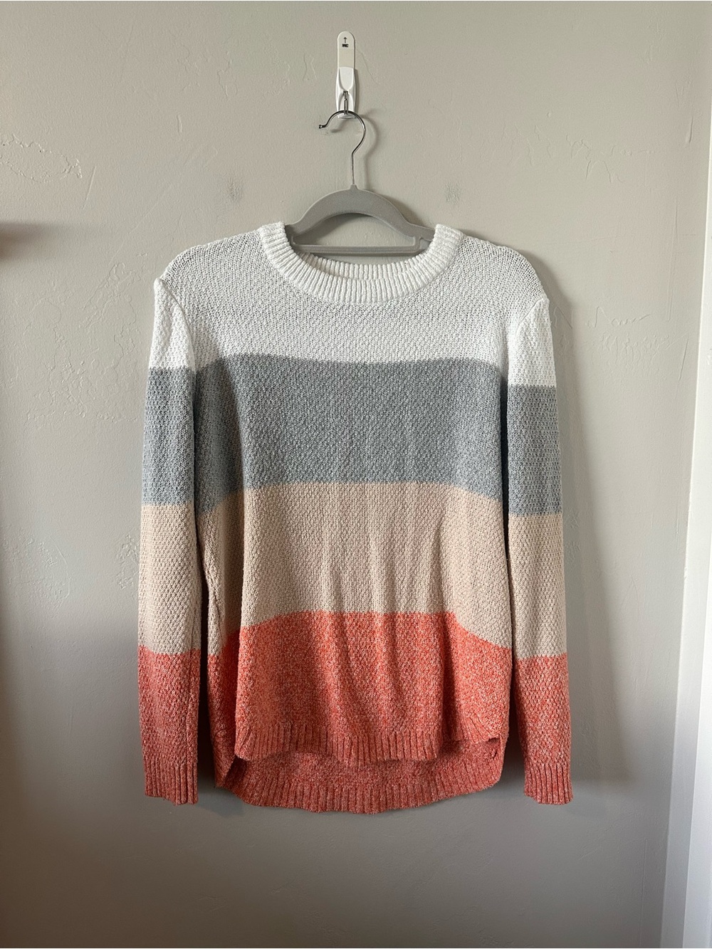 Staccato Colorblock Crewneck Sweater in White, Gray, Cream & Coral